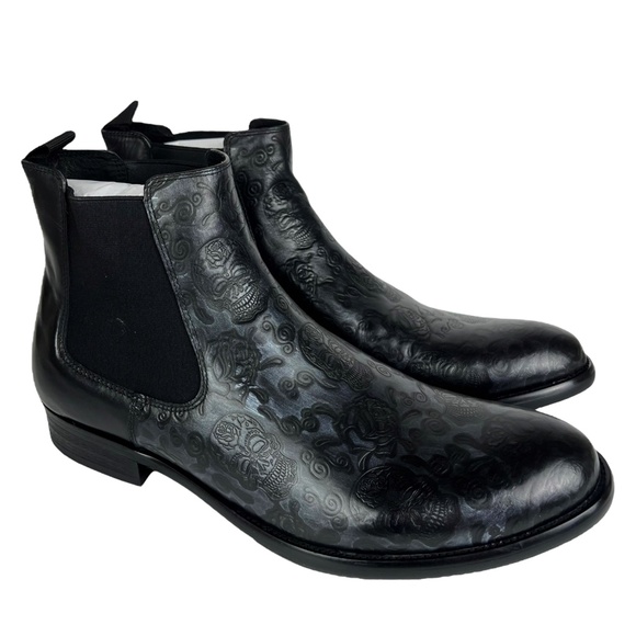 NEW Robert Graham Men’s Dawson Chelsea Boots Embossed Skull Roses Black Leather - Picture 15 of 16